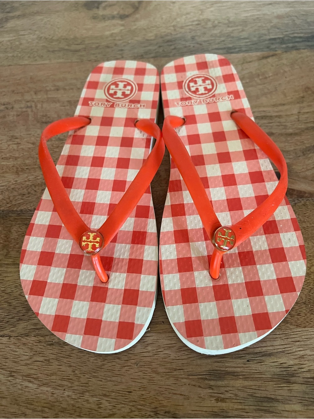 Tory Burch Red Gingham Plaid Slides Flip Flops Thongs Sandals Size 6.5